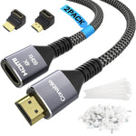 4K HDMI Extension Cable (2 Pack 1FT+ 1FT), HDMI 2.0 Braided Extender Male to Female Cord, Pure Copper 3D 4K@60Hz 2160p 1080p HDR HDCP 2.2 ARC (with Ties, U Nails, 2 HDMI Adapters)-1 Feet-2 Pack