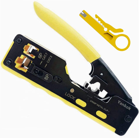 Yankok [CAT5 CAT6 CAT7 Pass Through Crimper] for RJ45 RJ12 RJ11 Pass-Thru Regular and Shielded Unshielded Network Connectors Crimp and Cut (HT7088 Yellow. Come with Cable Stripper Cutter)