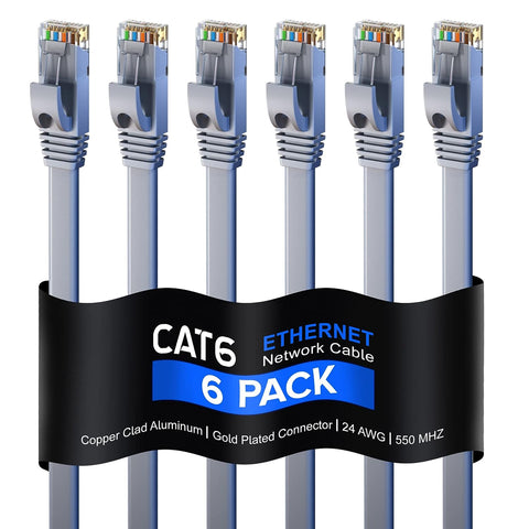 Cat 6 Ethernet Cable 10 ft - with a Flat, Space-Saving Design High-Speed Internet & Network LAN Patch Cable, RJ45 Connectors - [10ft / Gray / 6 Pack] - Perfect for Gaming, Streaming, and More!