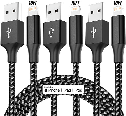 iPhone Charger [Apple MFi Certified] 3pack 10FT Long Lightning Cable Fast Charging High Speed Data Sync USB Cable Compatible iPhone 13/12/11 Pro Max/XS MAX/XR/XS/X/8/7/Plus/6S (Blacl)