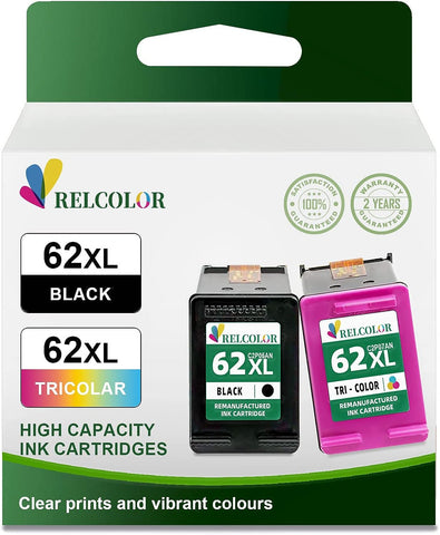 Relcolor High Yield 62XL Ink Cartridge Replacement for HP Ink 62 XL for Envy 5540 5640 5660 7640 7644 7645 OfficeJet 200 250 5740 5745 8040 Printer HP62 Black Color Combo HP62XL Blk Tricolor 2 Pack