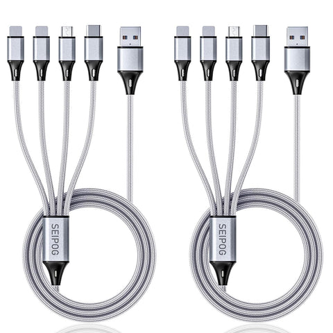 Multi Charging Cable, Multi USB Cable 3A 4FT USB Charging Cable Nylon Braided Universal 4in1 Multi Charger Cable Adapter Type-C/Micro USB Port,Compatible with Cell Phones and More (Silver, 2Pack)