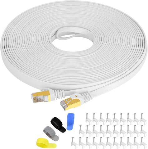 Cat 7 Ethernet Cable 75ft Shielded,Flat Ethernet Patch Cables - High Speed Internet Cable for Modem, Router, LAN, Computer - Compatible with Cat 5e,Cat 6 Network - White