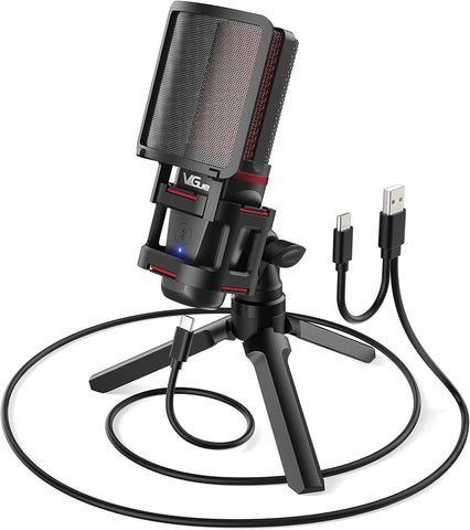 VeGue USB Microphone for PC PS5, Computer Gaming Condenser PC Mic with Quick Mute, Indicator, Tripod Stand, Pop Filter, Shock Mount, for Twitch Streaming, Podcasting, Chatting, Recording, Red VM30