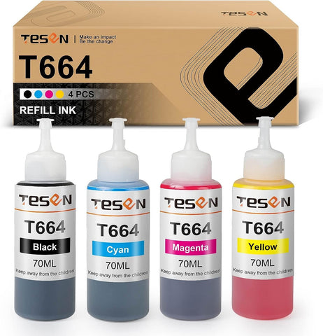 TESEN Compatible 664 XL Refill Ink Bottle Replacement for Epson 664 XL T664 for Use with Epson EcoTank ET-2500 ET-2550 Workfoce ET-4500 L485 L350 Printer T664120 T664220 T664320 T664420 4-Pack Color