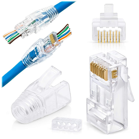 GTZ RJ45 Cat6/6a Pass Through Connectors for a Thick 23 AWG Large Diameter UTP Cable & Strain Relief Boots Pack of 50/50 | Collar Insert Guides Included