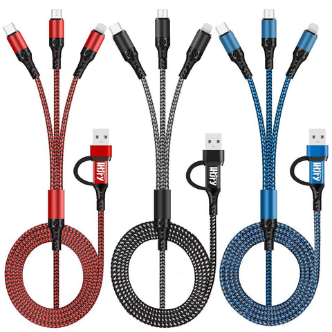 LHJRY 6 in 1 Multi Charging Cable 3Pack 4ft USB A/C to Phone USB C Micro USB Connector Cord Compatible with Cell Phones Tablets and More - (Red,Black,Blue)