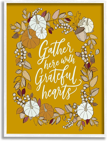 Stupell Industries Grateful Hearts Autumnal Vegetation Pumpkins Botanical Border,Design by doodles.ink., Orange, 16 x 20