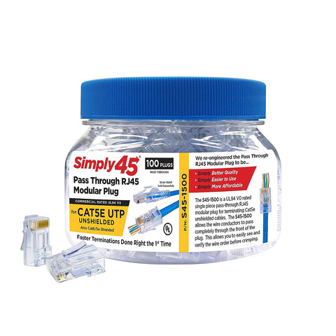 Simply45 Unshielded Pass-Through RJ45 Modular Plugs - 24AWG Solid for CAT5e UTP Cables and 28-26AWG Stranded - Light Blue Tint - 100 Piece Jar - S45-1500