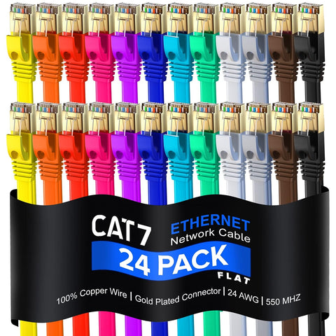 Cat 7 Ethernet Cable 1 ft - with a Flat, Space-Saving Design High-Speed Internet & Network LAN Patch Cable, RJ45 Connectors - [1ft / Multicolor / 24 Pack] - Perfect for Gaming, Streaming, and More!