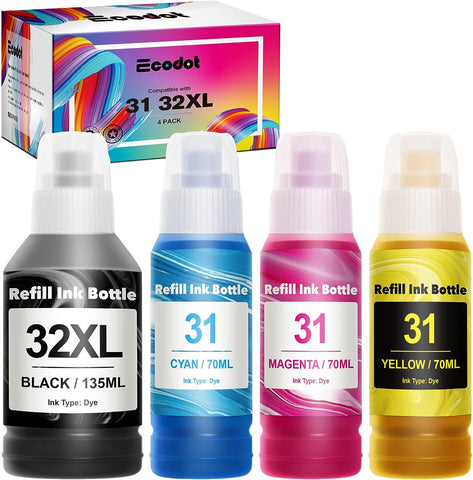 ecodot Compatible Refill Ink Bottles Kit Replacement for HP 31 32XL 32 XL for Smart Tank Plus 551 651 455 457 All-in-One Ink-Tank Printer (1 Black,1 Cyan,1 Magenta,1 Yellow, 4 Pack)