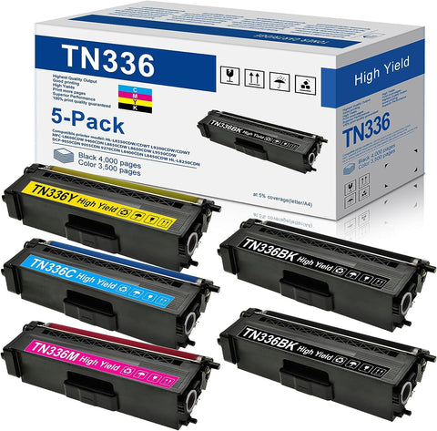 Compatible TN336BK TN336C TN336M TN336Y Toner Cartridge Replacement for Brother TN336 TN-336 HL-L8350CDW HL-L8250CDN HL-L8350CDWT MFC-L8850CDW MFC-L8600CDW Printer(5-Pack,2BK+1C+1M+1Y)