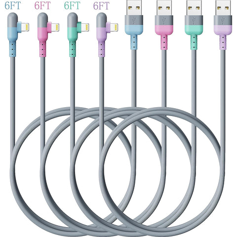 iPhone Charger 90 Degree Right Charging Cord 4Colorful Lightning Cable 6FT 4Packs [Apple MFi Certified] for Apple Charger, iPhone 13/12/11/SE/Xs/XS Max/XR/X/8 Plus/7/6 Plus (Grey+)