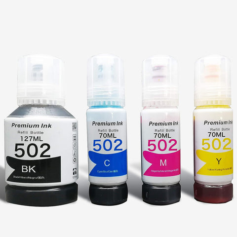 Compatible 1x Set (BCMY) Refill Ink Bottles 502 | 522 Replacement for T502 T522 Ink Ecotank Used for ET2700 ET2750 ET3700 ET3750 ET4750 ET4760 ET3760 ET3710 ST2000 ST3000 ST4000, (Total 4- Bottle)