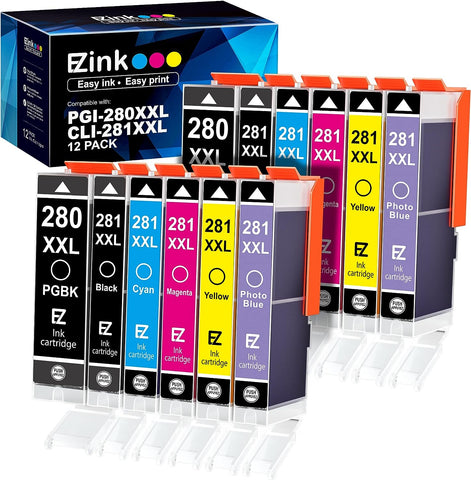 E-Z Ink (TM Compatible Ink Cartridge Replacement for Canon PGI-280XXL CLI-281XXL PGI 280XXL CLI 281XXL to use with PIXMA TS9120 TS8120 TS8220 (PGBK, Black, Photo Blue, Cyan, Magenta, Yellow) 12 Pack