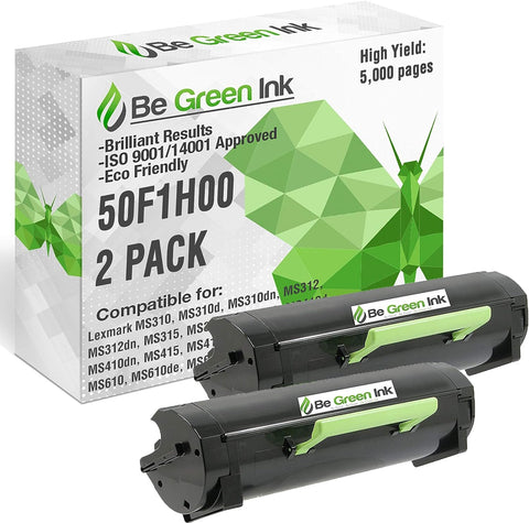 Be Green Ink Compatible Replacement Black Toner Cartridge for Lexmark MS310dn MS312dn MS315dn MS410dn MS415dn MS510dn MS610dn – 50F1H00 Black Toner (2 Pack 5,000 High Yield)