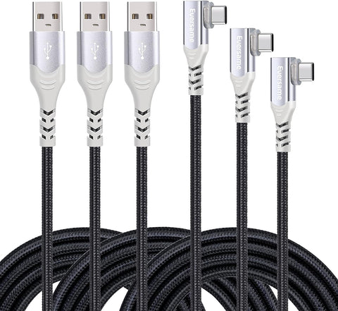 eversame Right Angle USB C Cable, (3-Pack 10ft) 90 Degree Type C Cable Nylon Braided Fast Charging Cord Compatible Samsung Galaxy S10 S9 S8 Plus, Note 8 9, Pixel, LG V30 G5 G6 and More (Black)