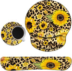 Keyboard Wrist Rests and Gel Mouse Pad with Wrist Support Set + Cup Coaster, Wrist Support for Keyboard and Mouse w/Vivid Designs, Wrist Support for Keyboard Office Home School - Sunflower Leopard