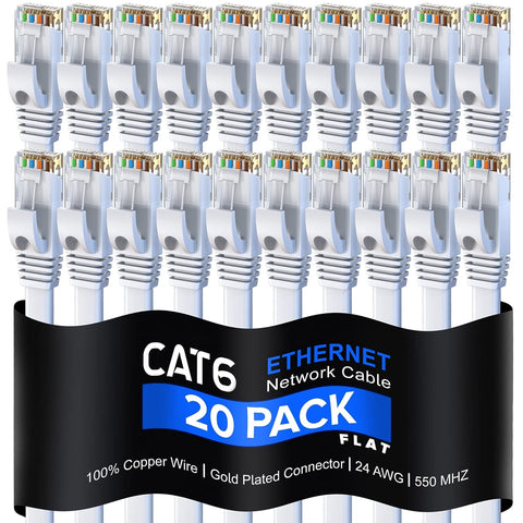 Cat 6 Ethernet Cable 2 ft - with a Flat, Space-Saving Design High-Speed Internet & Network LAN Patch Cable, RJ45 Connectors - [2ft / White / 20 Pack] - Perfect for Gaming, Streaming, and More!