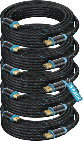 HDMI Cable 4K Ultra HD 12 Foot (5 Pack) Nylon Braided HDMI 2.0 Cable, High Speed 18Gbps 4K@60Hz HDR, 3D, 2160p, 1080p, HDCP 2.2, ARC, HDMI Cables for Monitors, HDTV