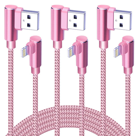 Snisre iPhone Charger Cord 10FT, 3 Pack 10 Foot Long 90 Degree Nylon Braided Lightning to USB Cable Apple Charging Cords for iPhone 13/13 Pro 12/12 Pro/Max/11/11 Pro/Max/XR/XS/X/8/7/6/iPad(Pink)