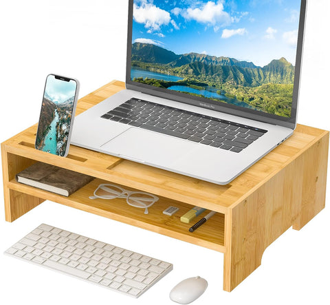 Monitor Stand Riser,  2 Tier Bamboo Computer Monitor Stand with Storage Organizer, Printer Shelf Stand for Laptop Screen, Desktop Organizer with Cooling Holes, 15.7x11.8x5 inch Office Supplies