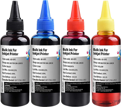 JUNCAI 4 Color Ink refill kit for HP 950 951 932 933 60 61 952 902 901 62 63 21 22 920 940 934 564 711 970 971 94 95 96 Ink Cartridges, (1 Black 1 Cyan 1 Magenta 1 Yellow) 100ML x4 Bottle,with Syringe