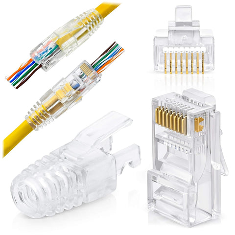 GTZ RJ45 Cat5e Pass Through Connectors and Strain Relief Boots - Pack of 50/50 - EZ to Crimp Modular Plug for Solid or Stranded UTP Network Cable