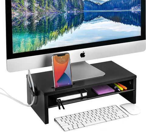 Monitor Stand - Two Tier Wood Desk Shelf for Monitor, Printer or Desktop Computer. Cable Management, Phone Slot and Removable Shelf for Organizing Office Accessories. (Black)