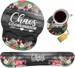 Keyboard Wrist Rest + Mouse Pad Wrist Support Set with Coasters, Chaos Coordinator Quotes Colored Floral Wreath Print Wrist Mouse Pad with Non-Slip PU Base for Home Office Working Studying