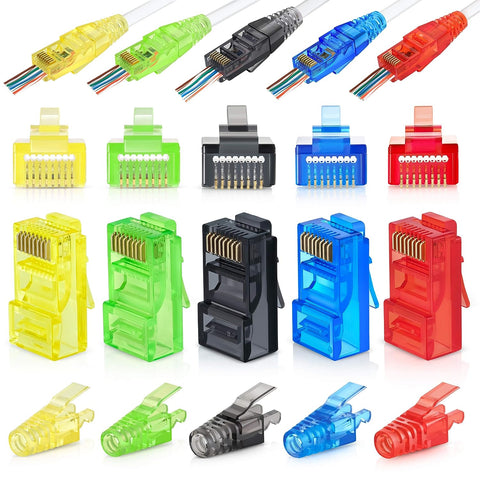 EMS RJ45 Cat6 Pass Through Connectors and Strain Relief Boots, Assorted Colors - Pack of 50/50 | EZ to Crimp Modular Plug for Solid or Stranded UTP Network Cable