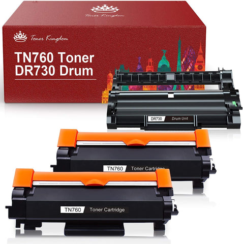 Toner Kingdom Compatible TN760 Toner Cartridge and DR730 Drum for Brother TN760 TN-760 TN730 TN-730 DR730 for Brother HL-l2395dw HL-L2350DW MFC-L2710DW Printer (2 Toners, 1 Drum Unit)