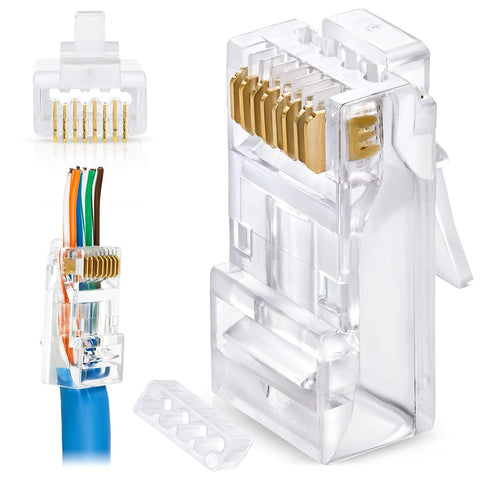 GTZ RJ45 Cat6/6a Pass Through Connectors for a Thick 23 AWG Large Diameter UTP Network Cable, 200 Pcs | Insert Guides Included