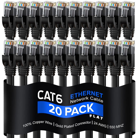 Cat 6 Ethernet Cable 3 ft - with a Flat, Space-Saving Design High-Speed Internet & Network LAN Patch Cable, RJ45 Connectors - [3ft / Black / 20 Pack] - Perfect for Gaming, Streaming, and More!