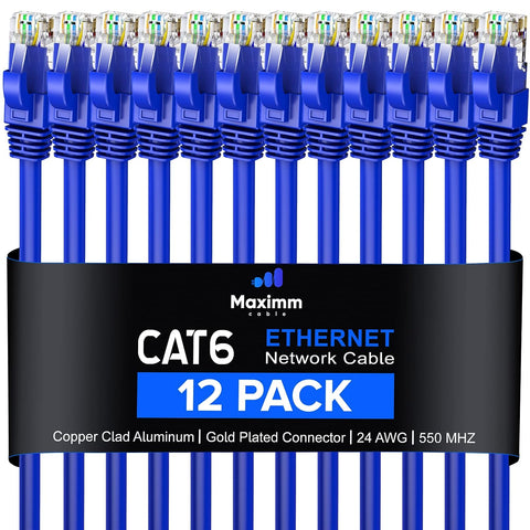 Maximm Cat 6 Ethernet Cable 10 Ft, (12-Pack) Cat6 Cable, LAN Cable, Internet Cable and Network Cable - UTP (Blue)