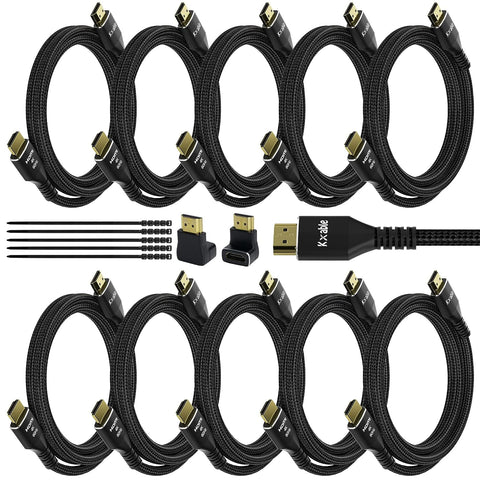 4K HDMI Cable 8 Feet (10 Pack), Ultra HD HDMI 2.0 Cable, Nylon Braided & Gold Connectors, 4K @ 60Hz, 2K,1080P, HDCP 2.2, ARC, Bulk HDMI Cables for Laptop, Monitors, HDTV, PS5, Xbox One & More