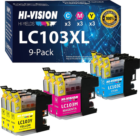 HI-VISION HI-YIELDS Compatible LC-103XL Ink Cartridges Replacement for Brother LC103XL 103XL Work with MFC-J4310DW J4410DW J4510DW J4610DW J4710DW, (3X Cyan, 3X Magenta, 3X Yellow, Total 9-Pack)