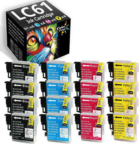 16-Pack ColorPrint Compatible LC61 Ink Cartridge Replacement for Brother LC-61 LC 61 LC65 LC65 Work with MFC-J615W MFC-5895CW MFC-290C MFC-5490CN MFC-790CW MFC-J630W MFC-490CW Printer (4BK,4C,4M,4Y)