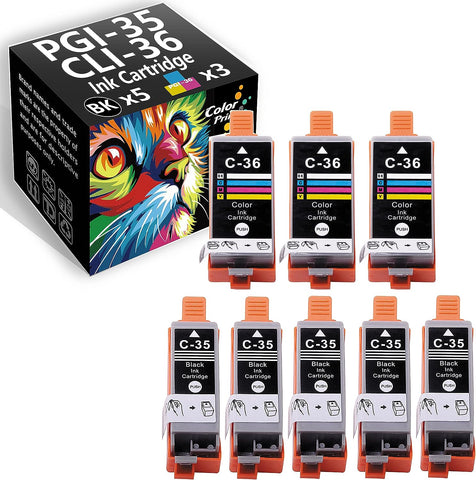 (8-Pack, 5-Black, 3-Color) ColorPrint Compatible PGI35 CLI36 Ink Cartridge Replacement for Canon PGI-35 CLI-36 PGI 35 CLI 36 Used for PIXMA iP100 iP110 IP100B Mini 320 TR150 Laser Printer