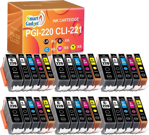 [30 Pack] Smart Gadget Compatible Ink Cartridge Replacement for Canon PGI-220 PGI220 CLI-221 CLI221 | Use with PIXMA MX870 MX860 MP560 Printers | 6 Large Black 6 Small Black 6 Cyan 6 Magenta 6 Yellow